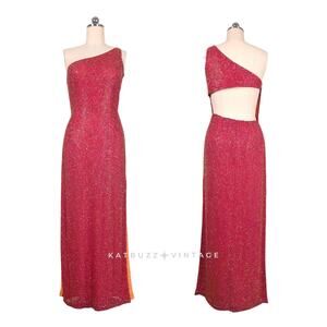 Y2K Sean Collection Prom Dress Maxi Gown L Pink Orange Silk Beaded Glam Pageant
